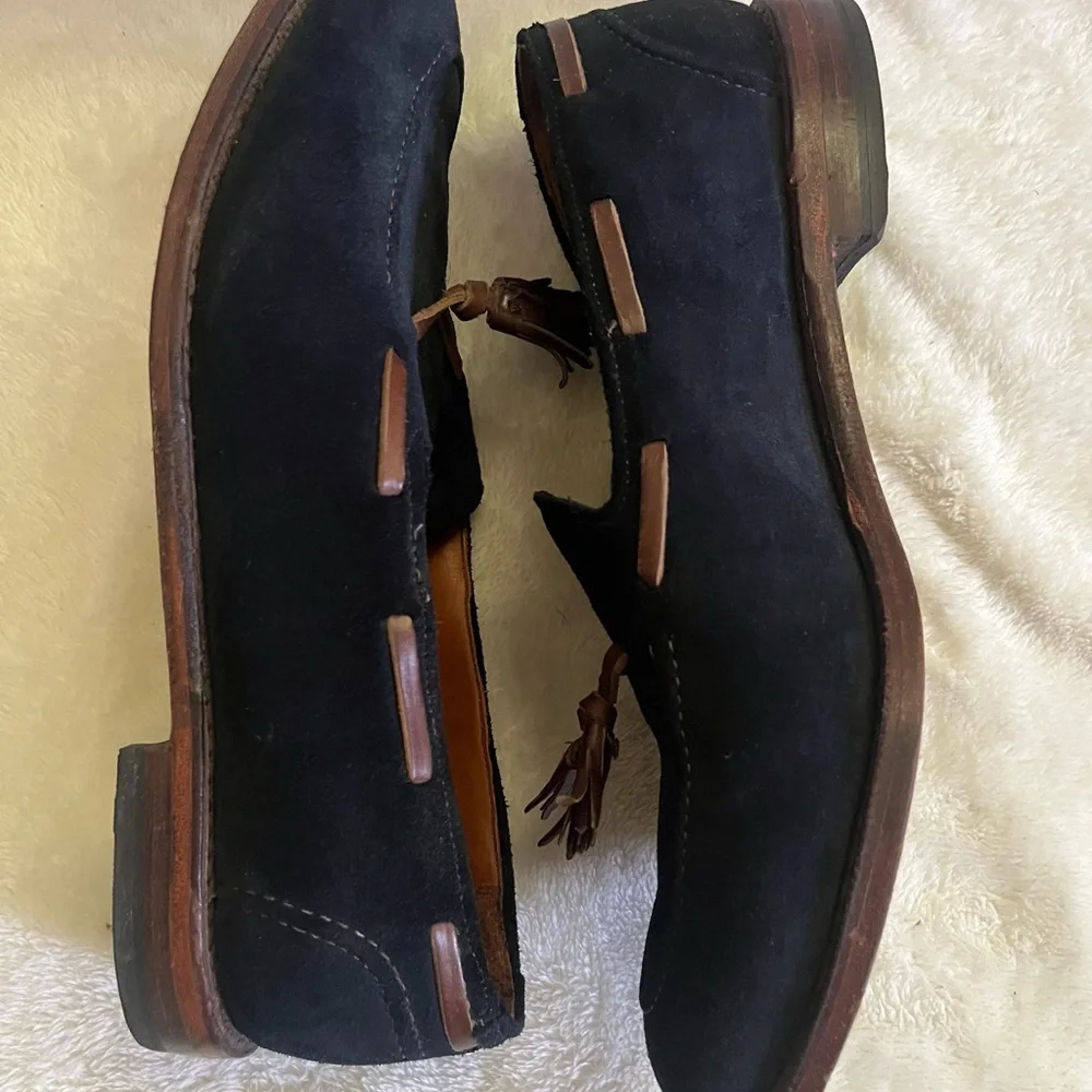 RARE MODEL | ALLEN EDMONDS 11E NAVY BLUE SUEDE ACHESON TASSEL LOAFER DRESS SHOES - Picture 3 of 13